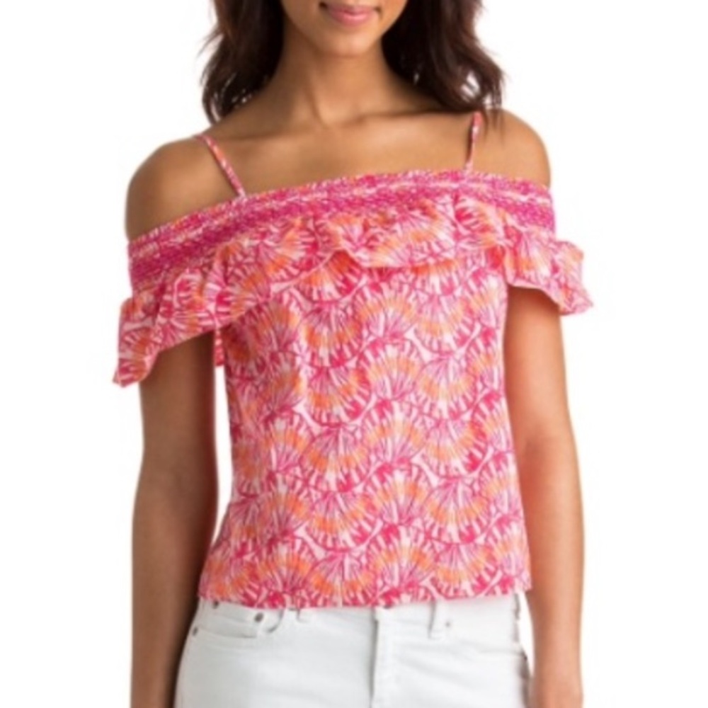 Vineyard Vines Pink Shell Print Off- Shoulder Top